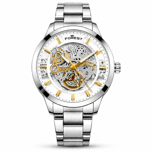 The Men’s Silver & Gold Skeleton Automatic Watch with White Dial