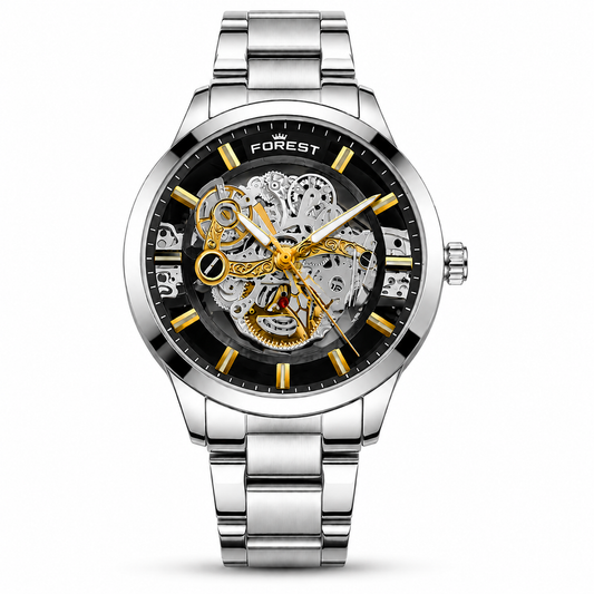 Silver Gold Skeleton Automatic Watch