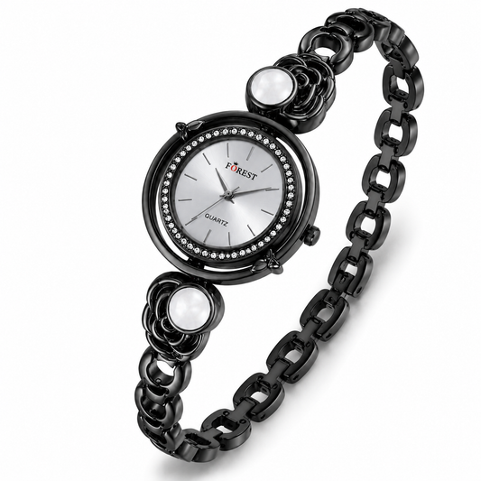 Black Floral Crystal Analog Watch