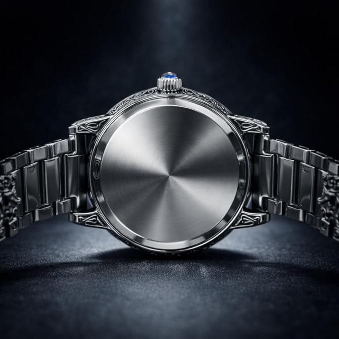 The Men’s Silver Engraved Lion Skeleton Automatic Watch