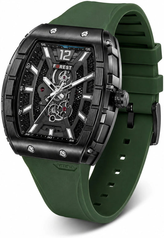 Men’s Green PU Strap Analog Watch with Black Blue Skeleton Dial
