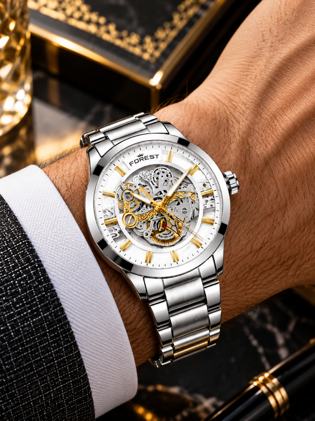 The Men’s Silver & Gold Skeleton Automatic Watch with White Dial