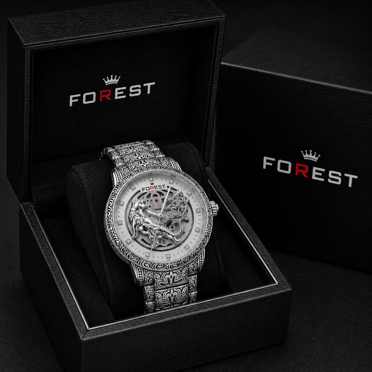 The Men’s Silver Engraved Lion Skeleton Automatic Watch