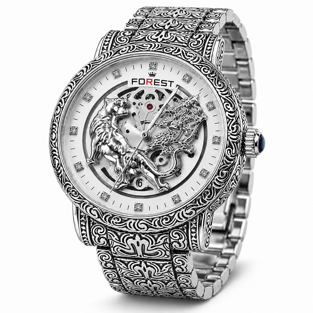 The Men’s Silver Engraved Lion Skeleton Automatic Watch