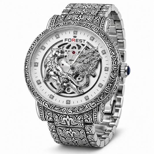 The Men’s Silver Engraved Lion Skeleton Automatic Watch