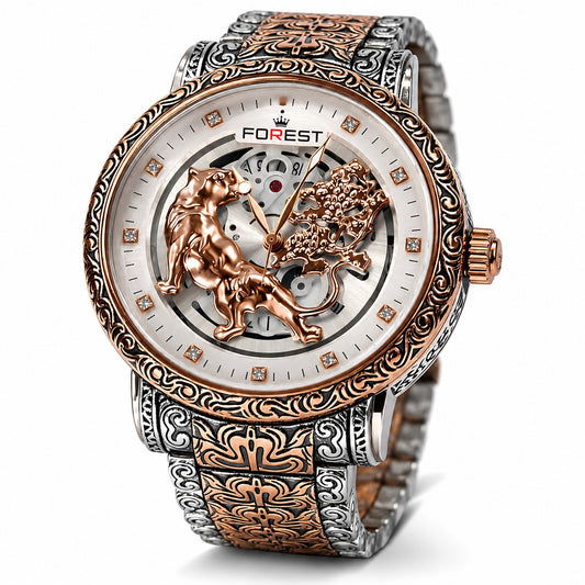 Tiger Skeleton Rose Gold & Silver Watch