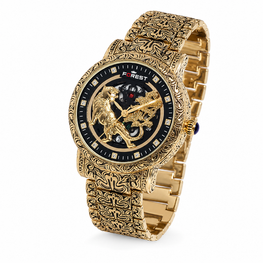 Tiger Skeleton Rose Gold & Black Watch