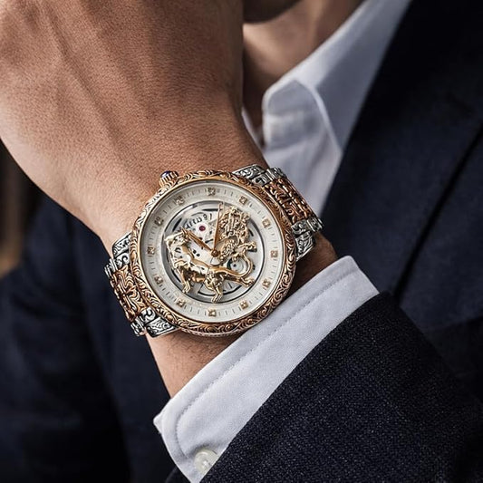 Tiger Skeleton Rose Gold & Silver Watch