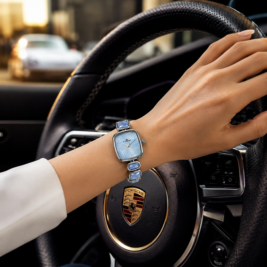 Silver Blue Gemstone Link Analog Watch