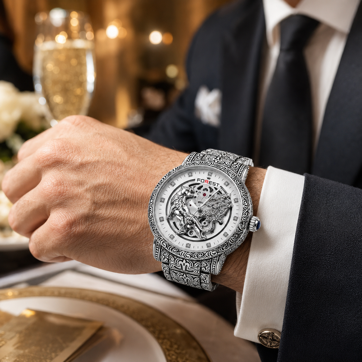 The Men’s Silver Engraved Lion Skeleton Automatic Watch