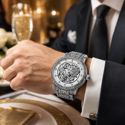 The Men’s Silver Engraved Lion Skeleton Automatic Watch