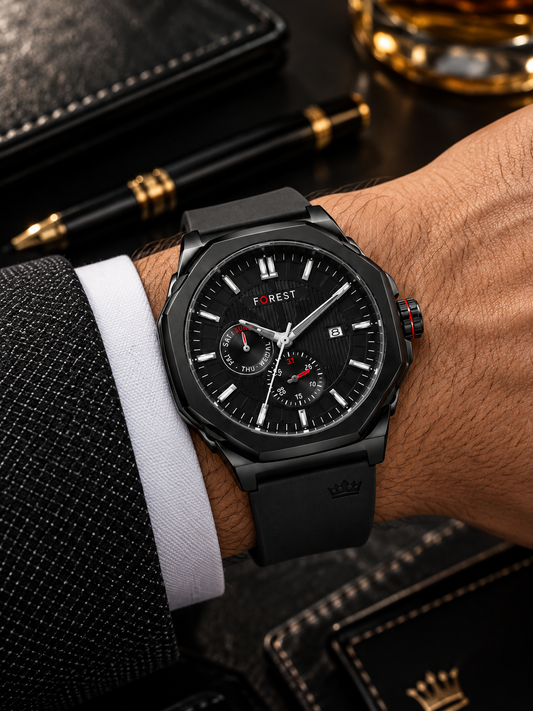 Black Analog Watch with Silicone Strap