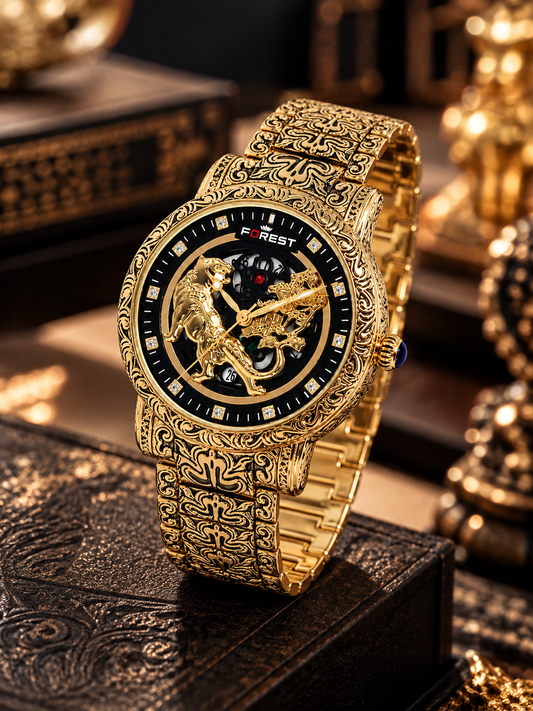 Tiger Skeleton Rose Gold & Black Watch