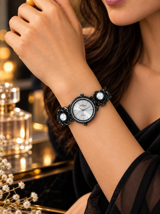 Black Floral Crystal Analog Watch