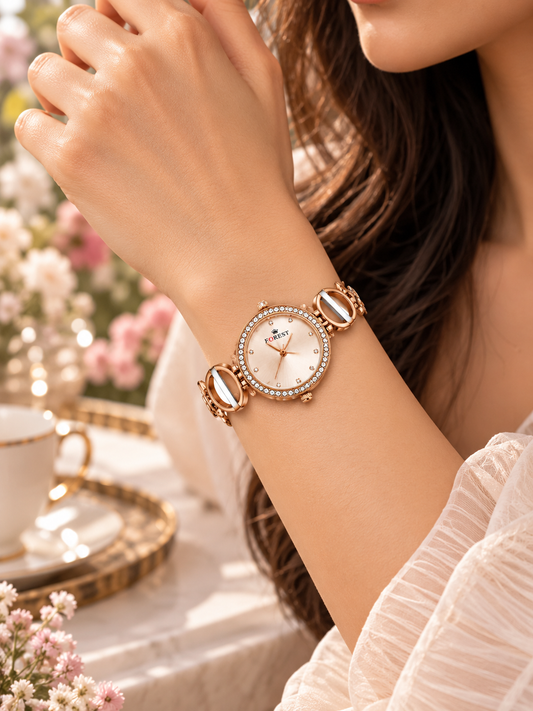 Rose Gold Crystal Link Analog Watch