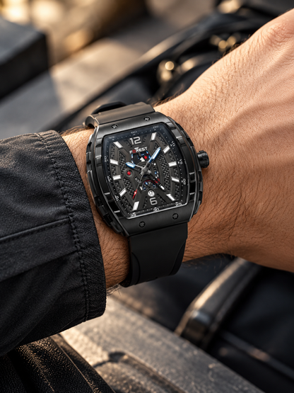 Men’s Black PU Strap Analog Watch with Black Blue Skeleton Dial