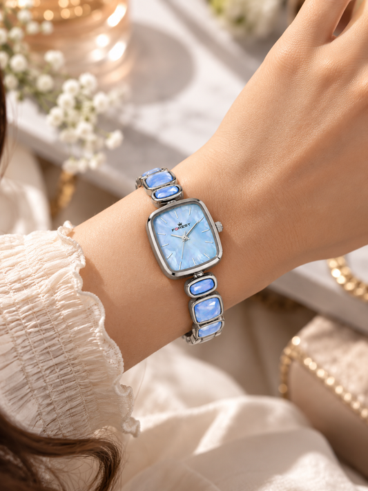 Silver Blue Gemstone Link Analog Watch