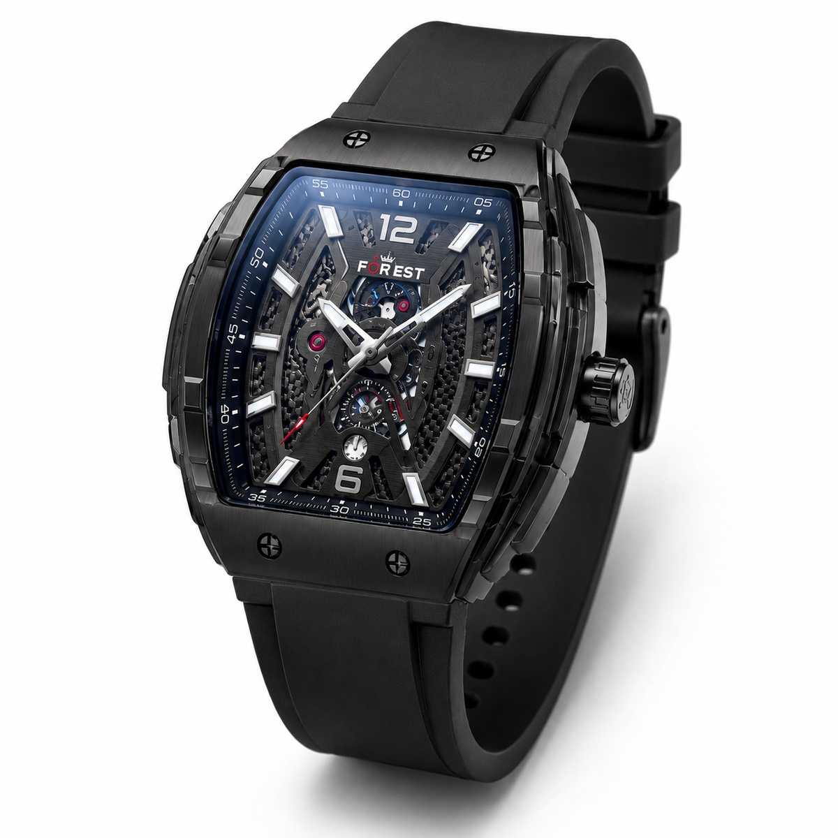 Men’s Black PU Strap Analog Watch with Black Blue Skeleton Dial
