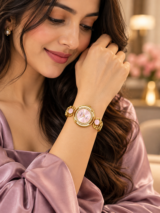 Gold Floral Crystal Analog Watch