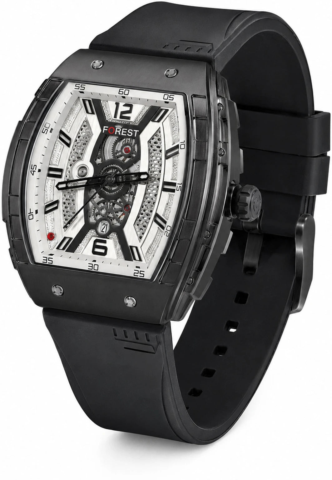 Men’s Black PU Strap Analog Watch with White Skeleton Dial