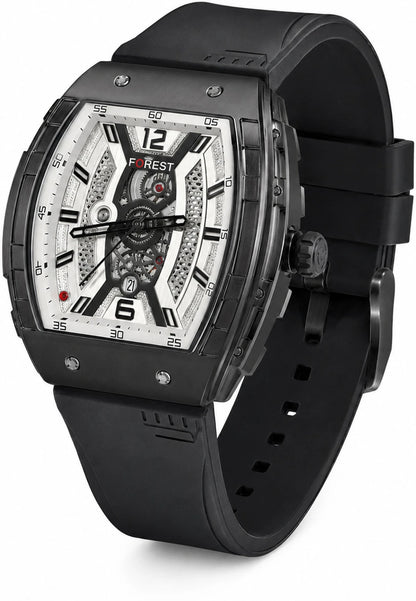 Men’s Black PU Strap Analog Watch with White Skeleton Dial