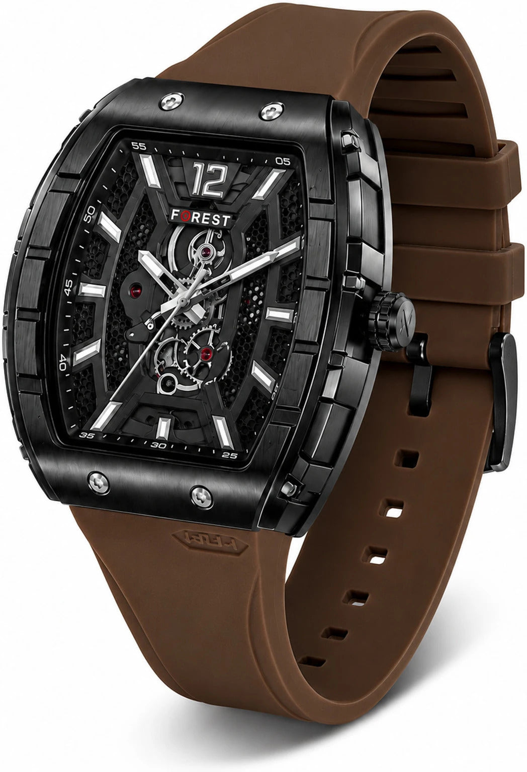 Men’s Brown PU Strap Analog Watch with Black Blue Skeleton Dial