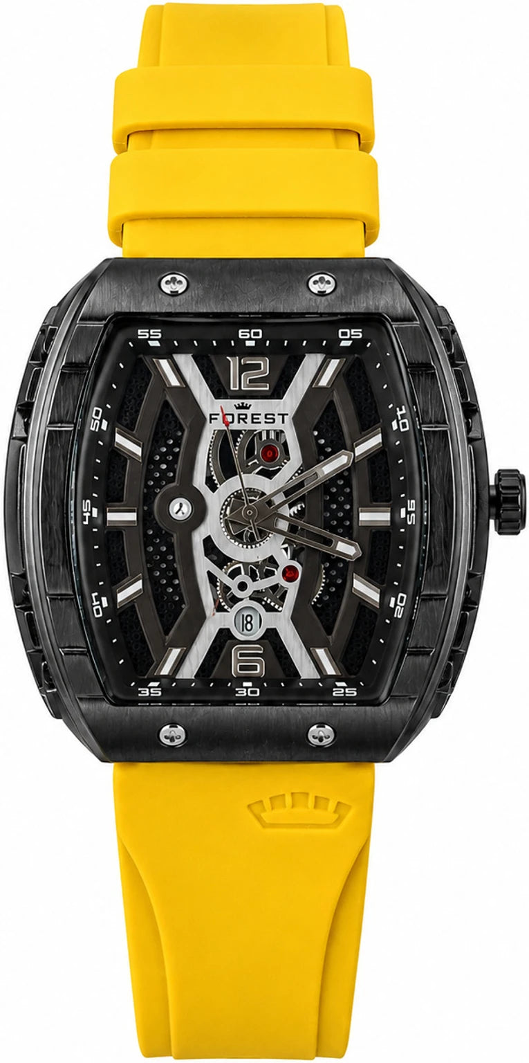 Men’s Yellow PU Strap Analog Watch with Black Skeleton Dial