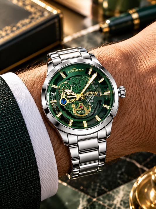 Silver Green Skeleton Automatic Watch
