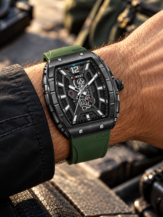 Men’s Green PU Strap Analog Watch with Black Blue Skeleton Dial