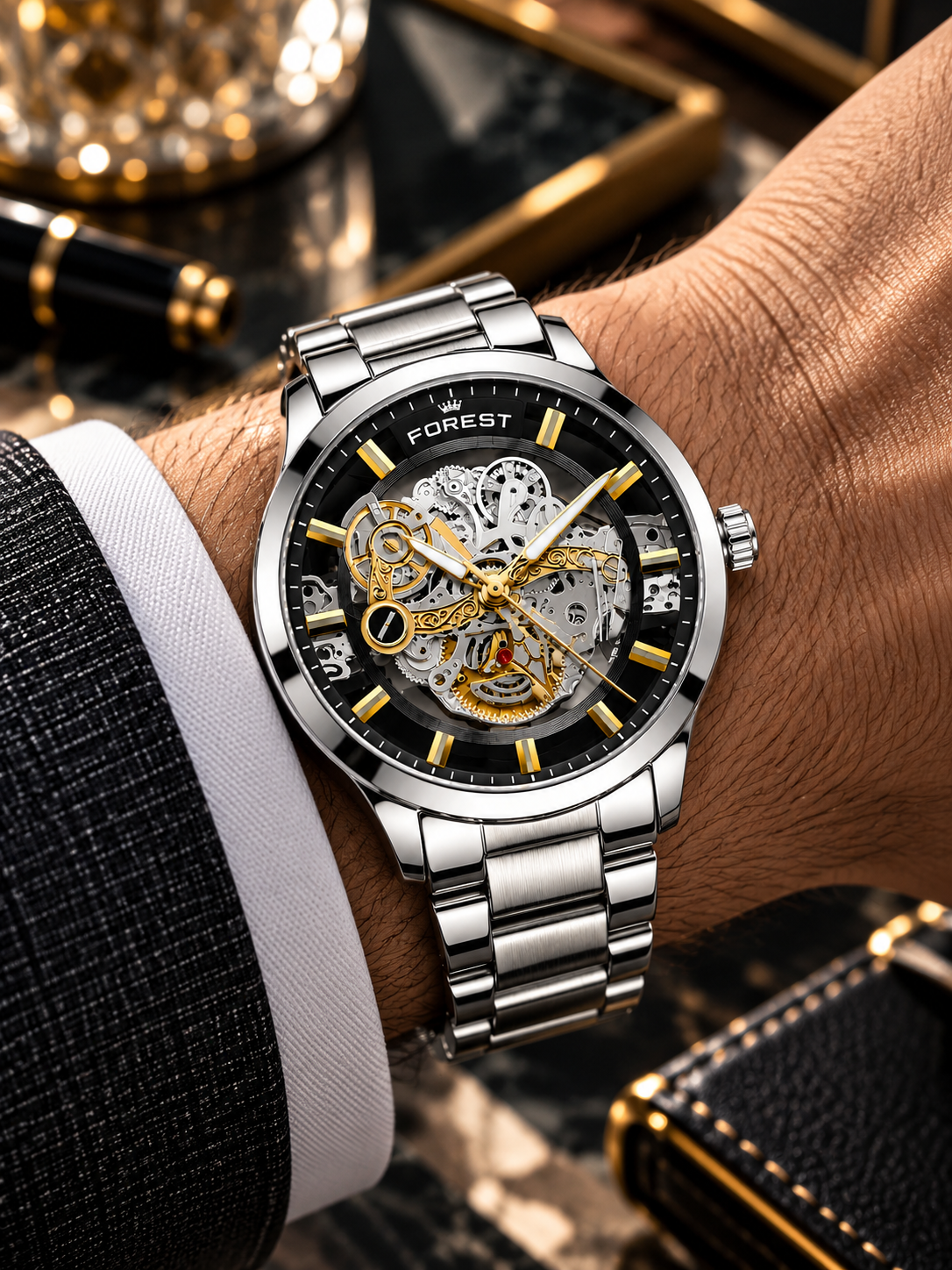 Silver Gold Skeleton Automatic Watch