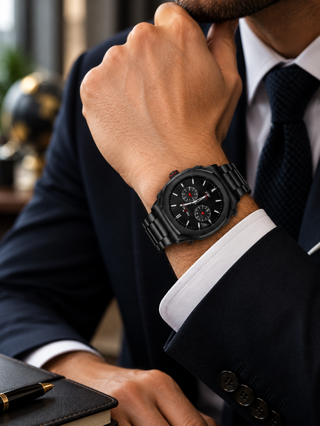 Men’s Black Stainless Steel Analog Watch with Black Dial