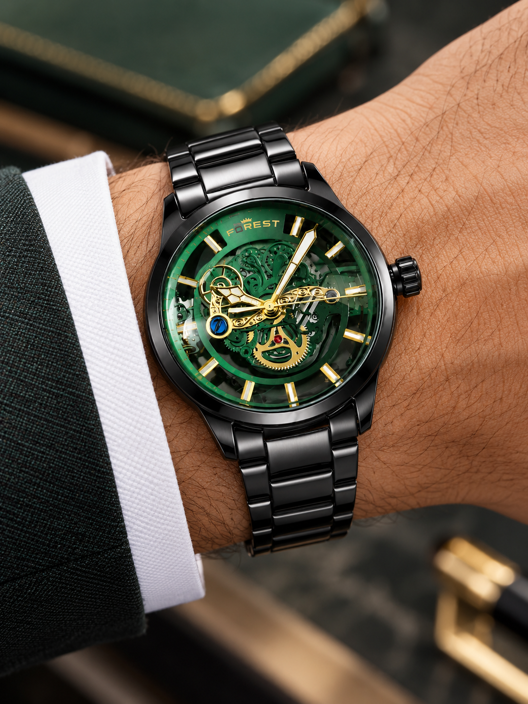 Black Green Skeleton Automatic Watch