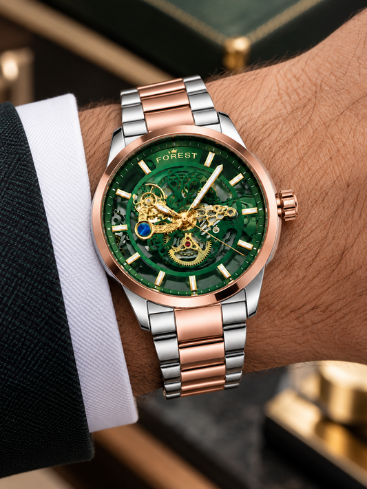 Rosegold Silver Skeleton Automatic Watch