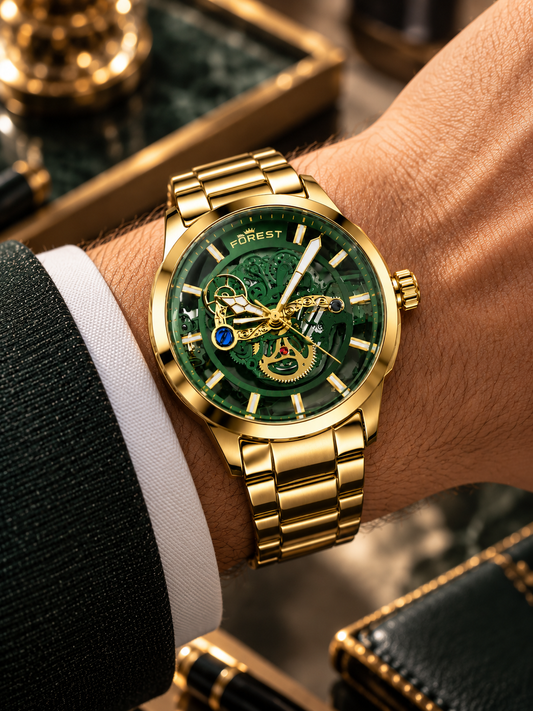 Gold Green Skeleton Automatic Watch