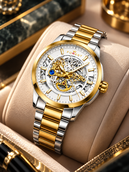 Gold Silver Skeleton Automatic Watch