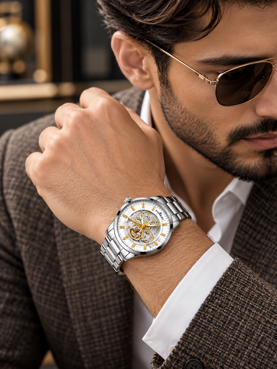 The Men’s Silver & Gold Skeleton Automatic Watch with White Dial