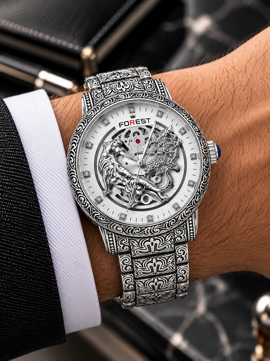 The Men’s Silver Engraved Lion Skeleton Automatic Watch