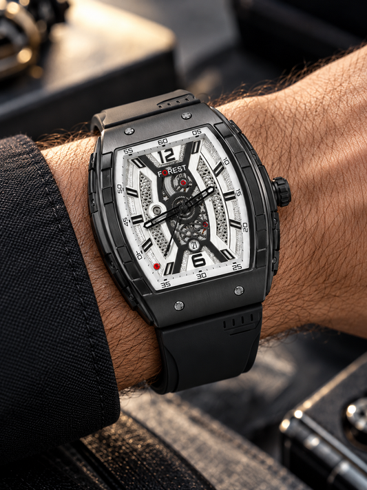 Men’s Black PU Strap Analog Watch with White Skeleton Dial