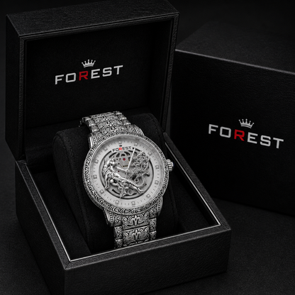 The Men’s Silver Engraved Lion Skeleton Automatic Watch